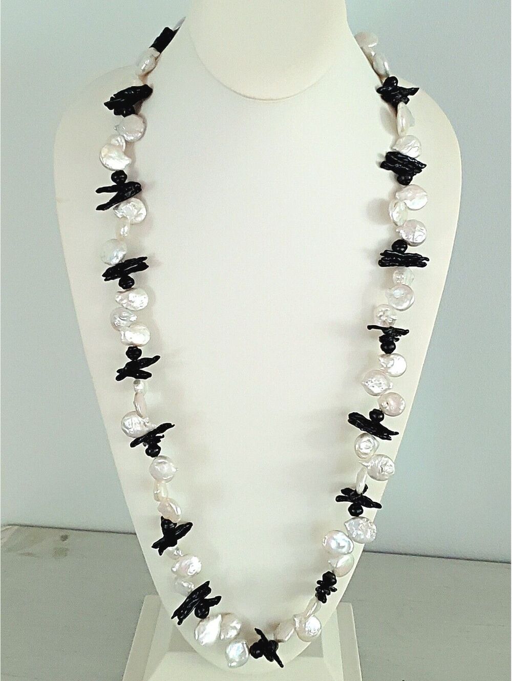 Freshwater White and Black Coin Baroque Long Necklace with Toggle Clasp